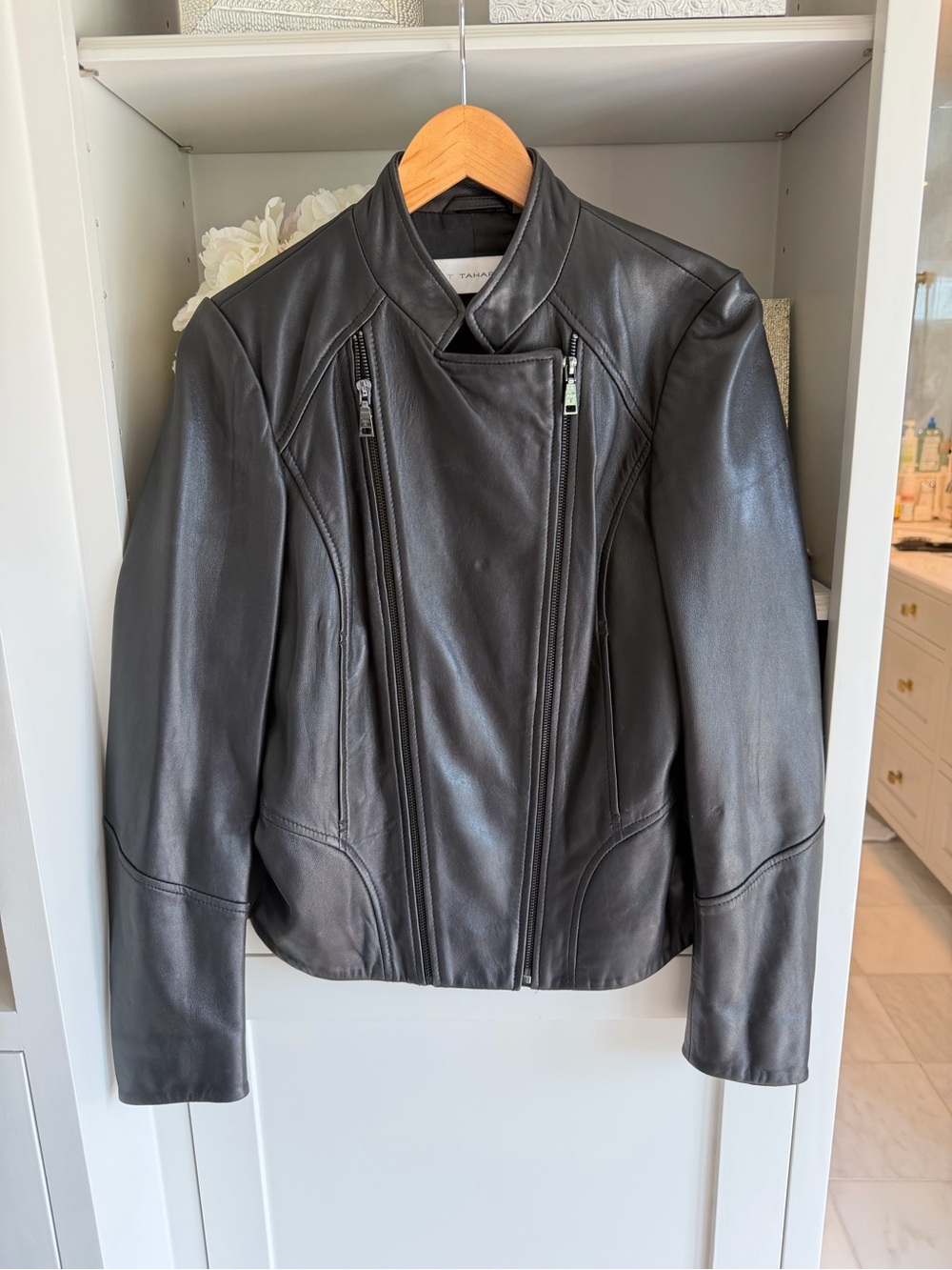 T Tahari Black Leather Moto Jacket with Asymmetrical Zippers